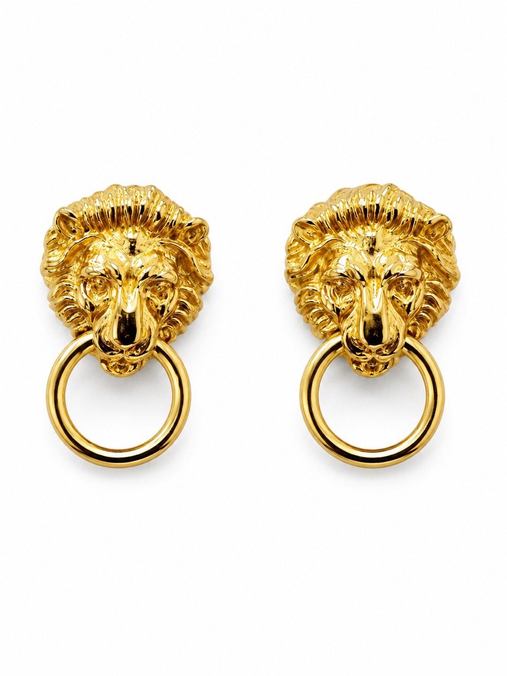 Gold Tone Lion Head Door Knocker Earrings Statement Earrings